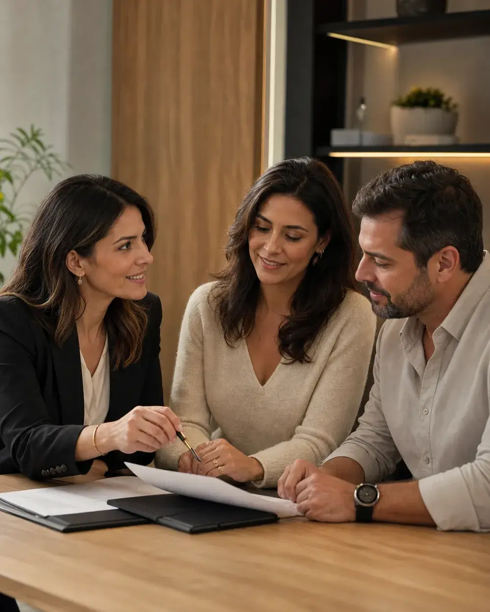 Consultora da Atlas atendendo um casal, explicando opções de plano de saúde com atenção