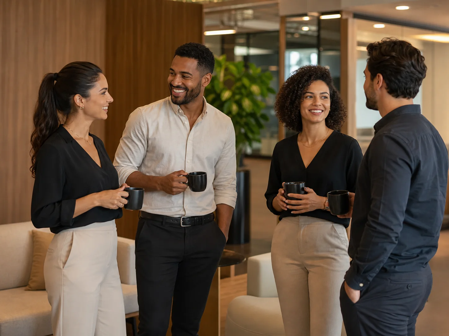 Colaboradores conversando em um ambiente corporativo acolhedor
