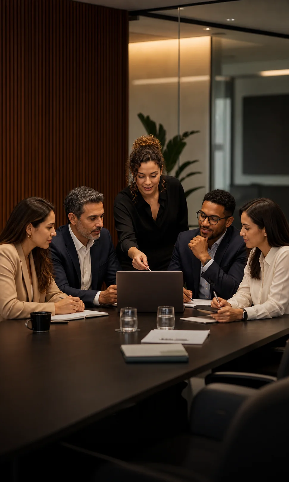 Reunião executiva de recursos humanos e liderança em escritório corporativo, representando o plano empresarial