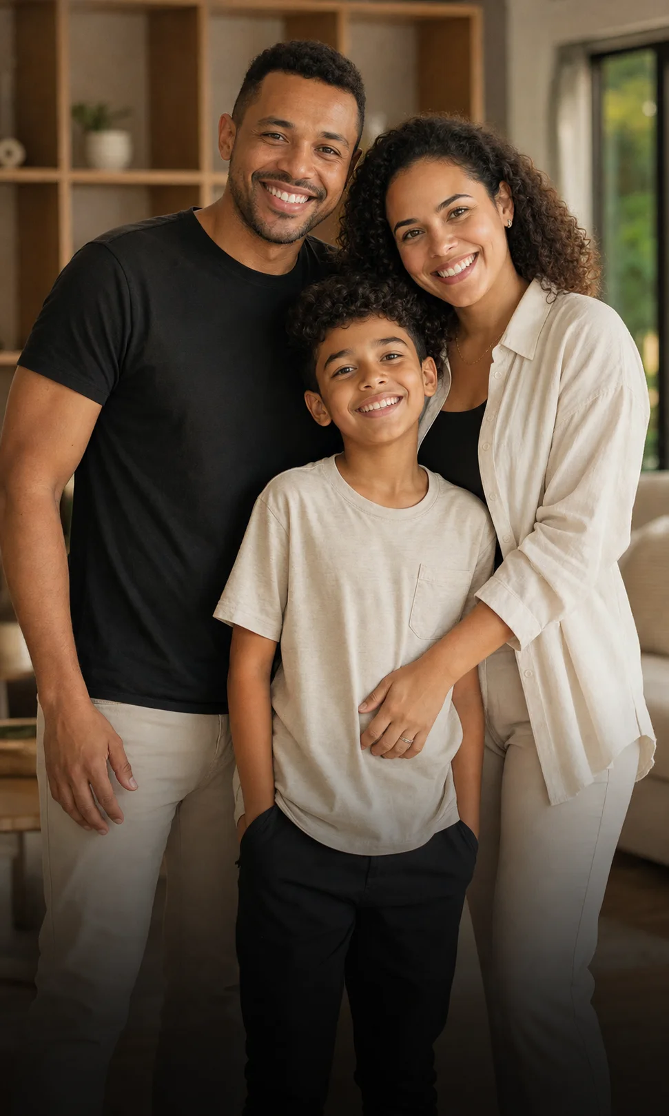 Família em momento de proximidade em casa, representando o plano familiar