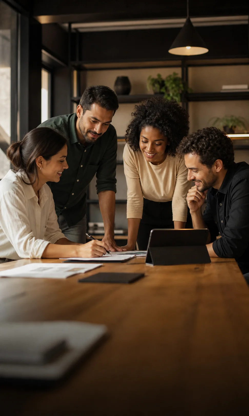 Pequena equipe reunida analisando um projeto, representando o plano PME